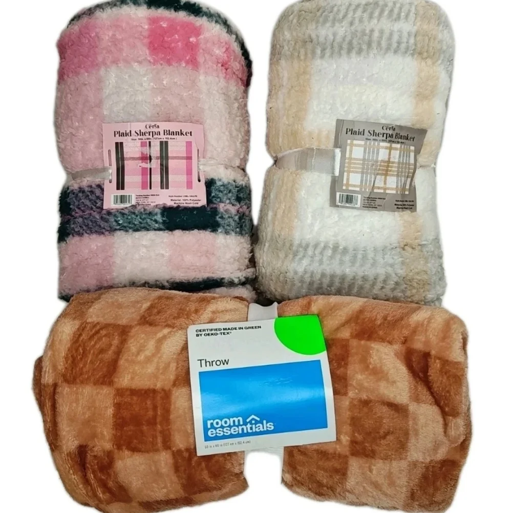 Cerla Sherpa Holiday Plaid Plush Brown Checkerboard 3 Throw Blankets 50/60
